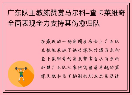 广东队主教练赞赏马尔科-查卡莱维奇全面表现全力支持其伤愈归队